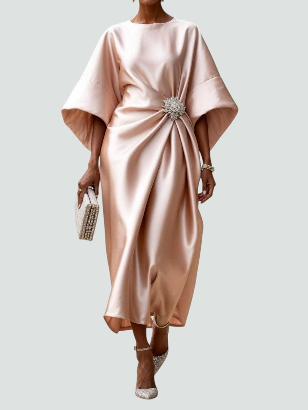 Women's Wedding Guest Satin Bateau Neck Midi Dress