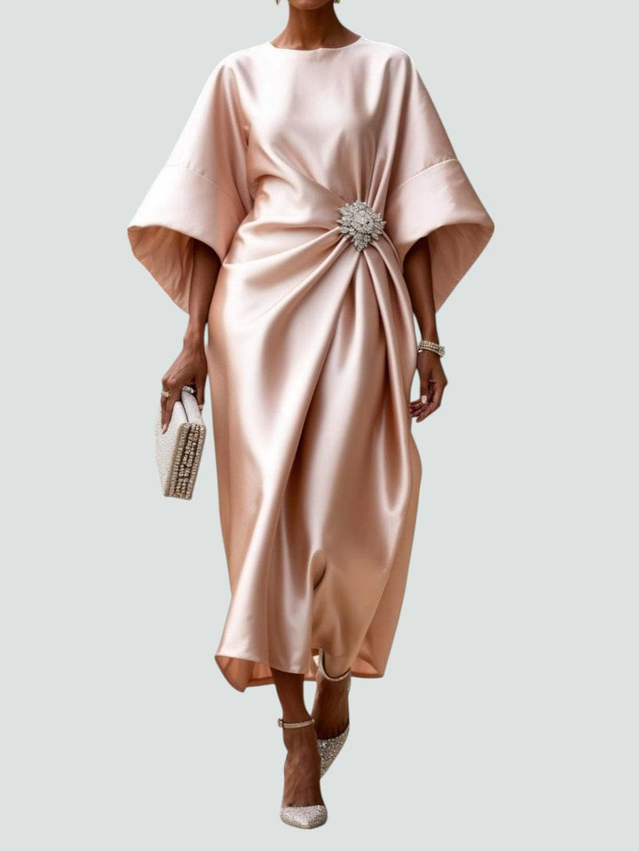 Women's Wedding Guest Satin Bateau Neck Midi Dress