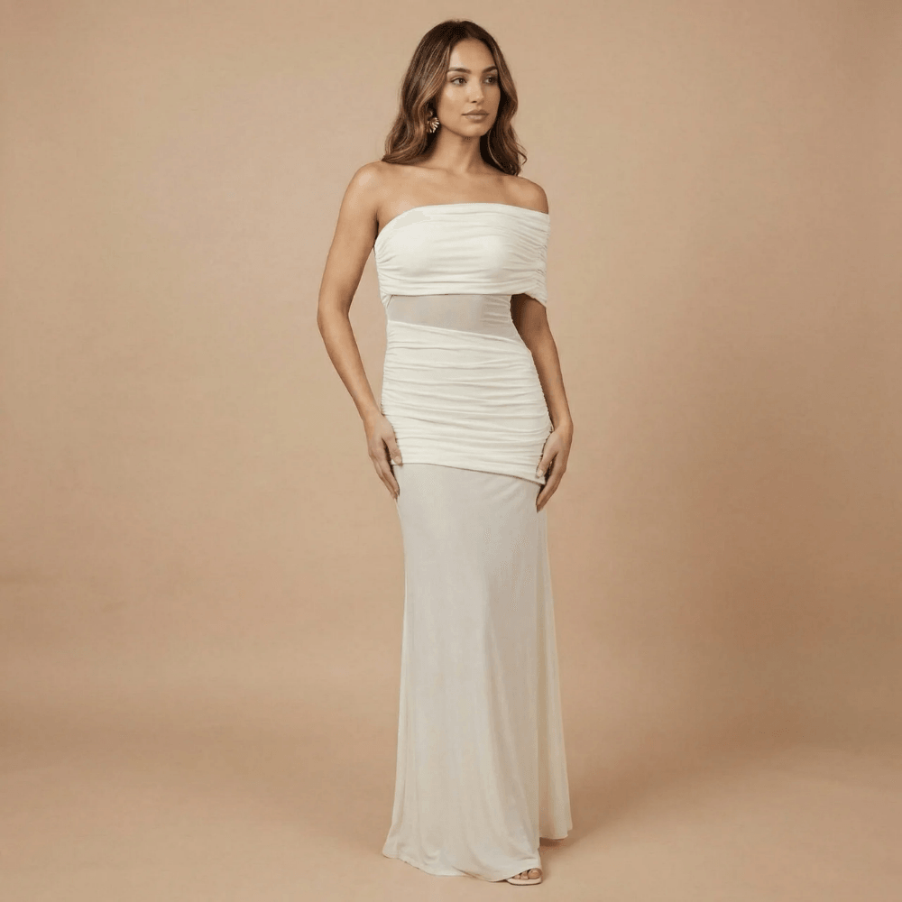 Women's Wedding Guest Off Shoulder Sheer Maxi Dress