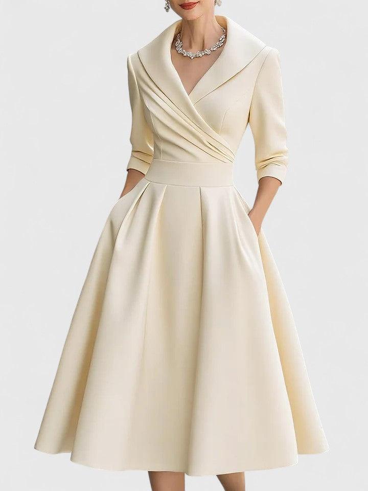 Women's Cocktail V Neck 3/4 Sleeve Midi Dress with Pockets