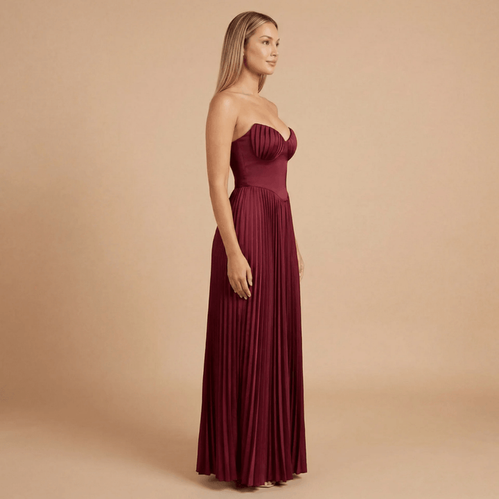 Women's Wedding Guest Strapless Pleated Maxi Dress