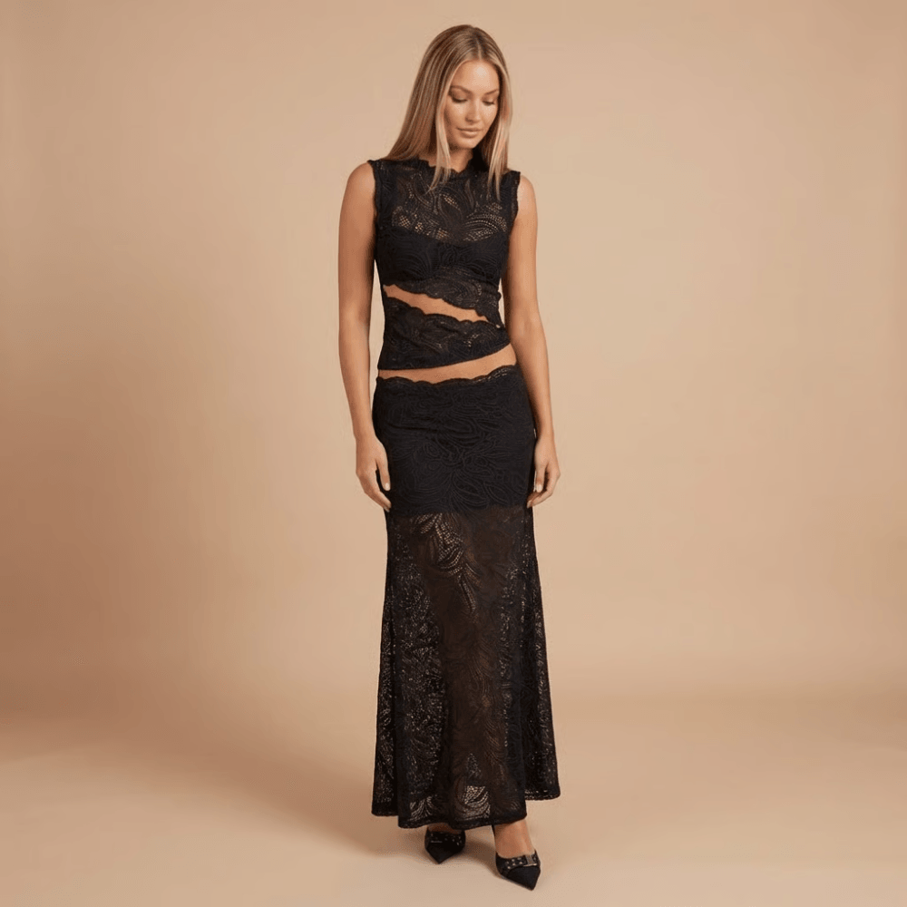 Women's Cocktail Lace High Neck Maxi Skirt Set