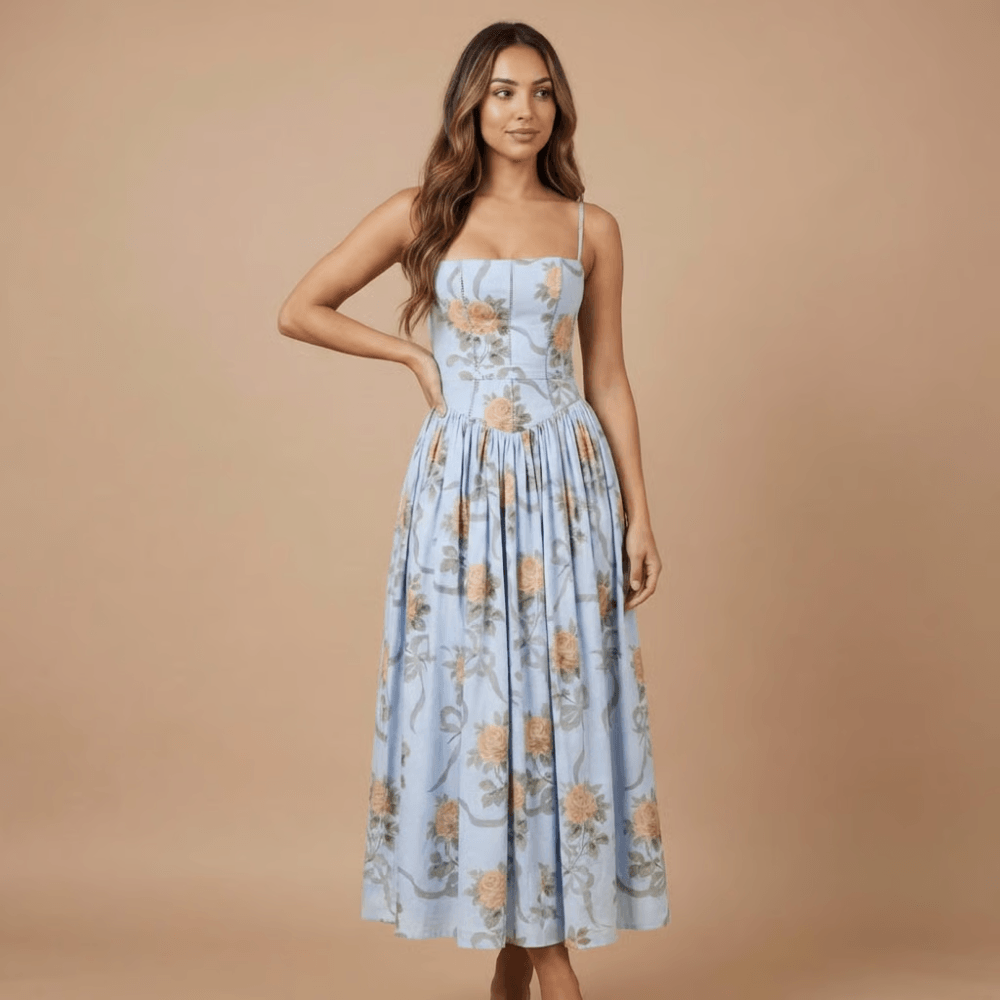 Women's Wedding Guest Floral Straight Neck Midi Dress