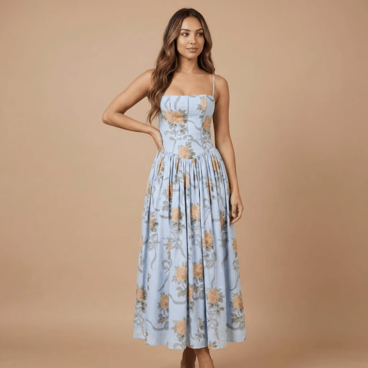 Women's Wedding Guest Floral Straight Neck Midi Dress