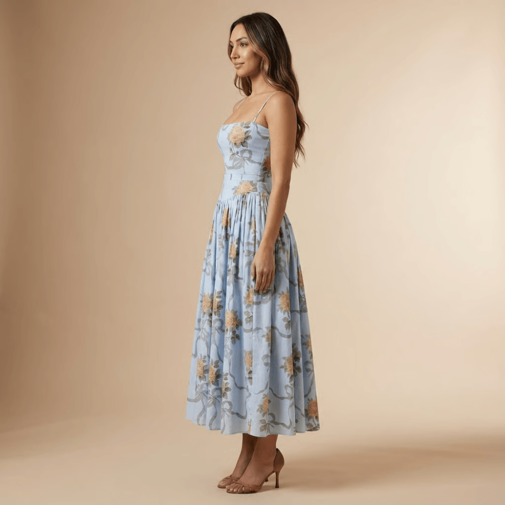 Women's Wedding Guest Floral Straight Neck Midi Dress