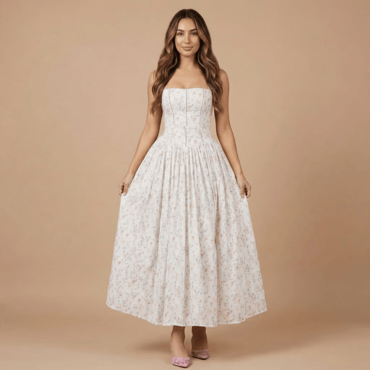 Women's Wedding Guest Floral Straight Neck Midi Dress