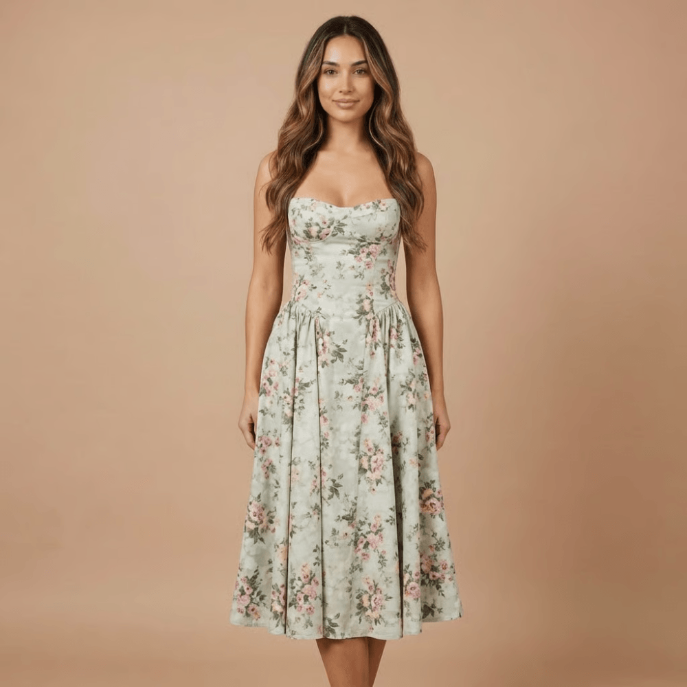 Women's Wedding Guest Floral Straight Neck Midi Dress