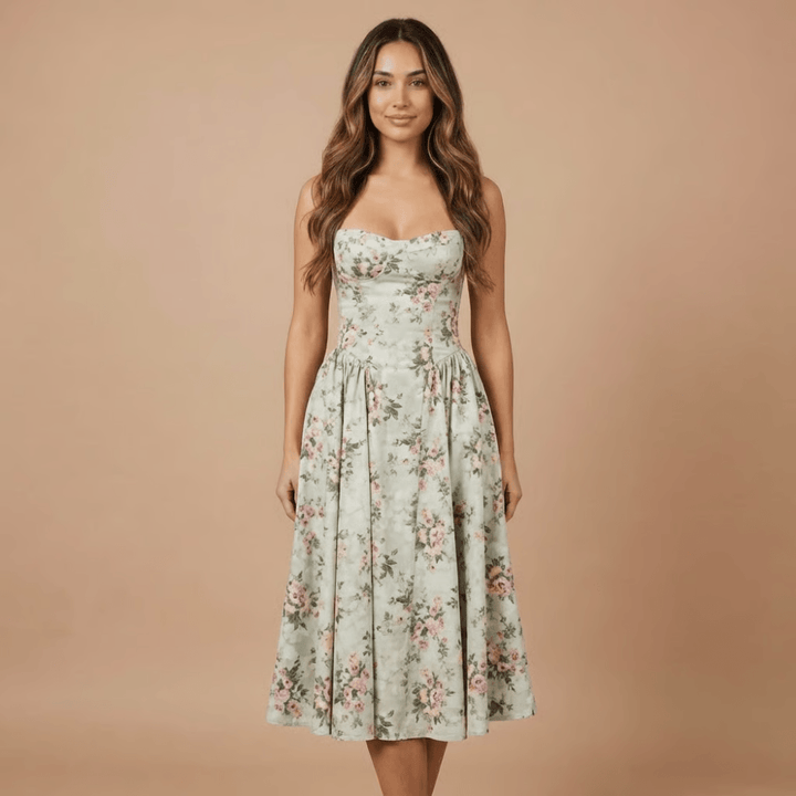 Women's Wedding Guest Floral Straight Neck Midi Dress