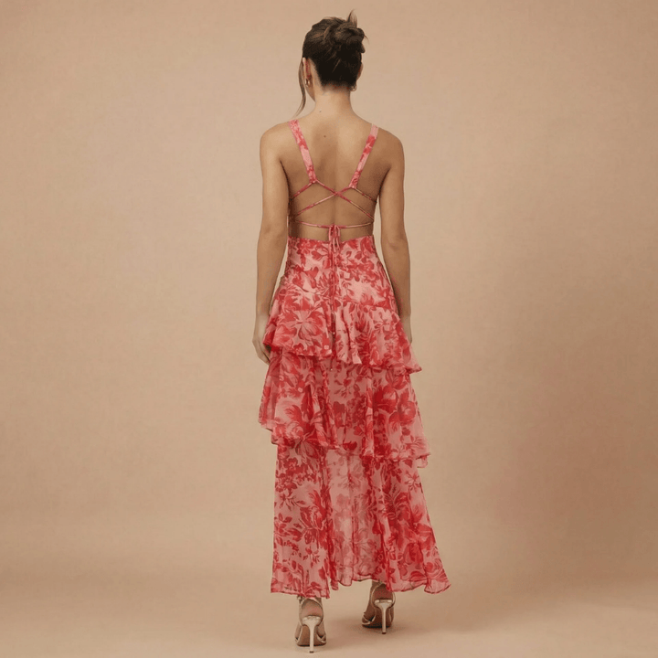 Women's Wedding Guest Floral Plunge Neck Midi Dress