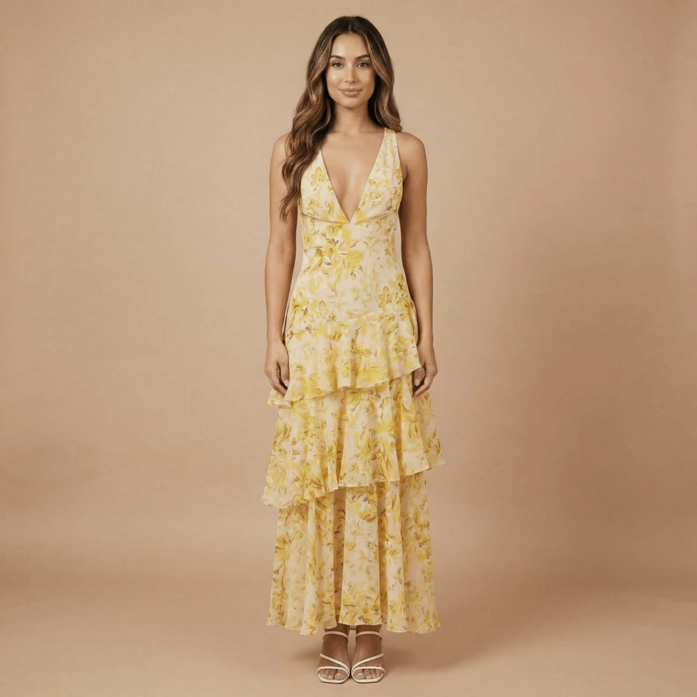 Women's Wedding Guest Floral Plunge Neck Midi Dress