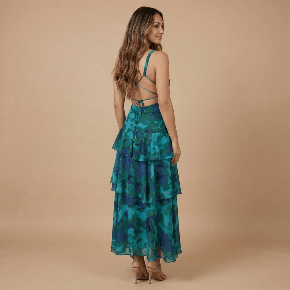 Women's Wedding Guest Floral Plunge Neck Midi Dress