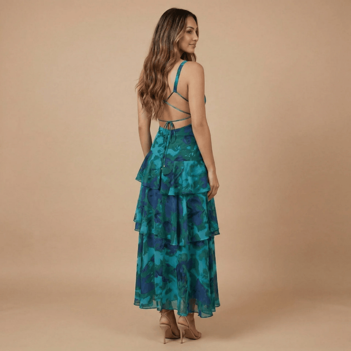 Women's Wedding Guest Floral Plunge Neck Midi Dress