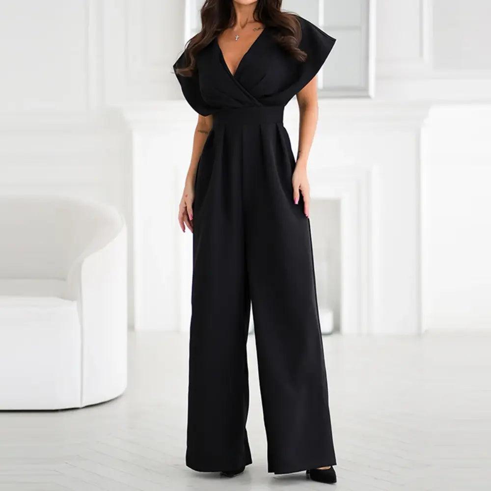 Women's Cocktail Wide Leg V Neck Flutter Sleeve Jumpsuit