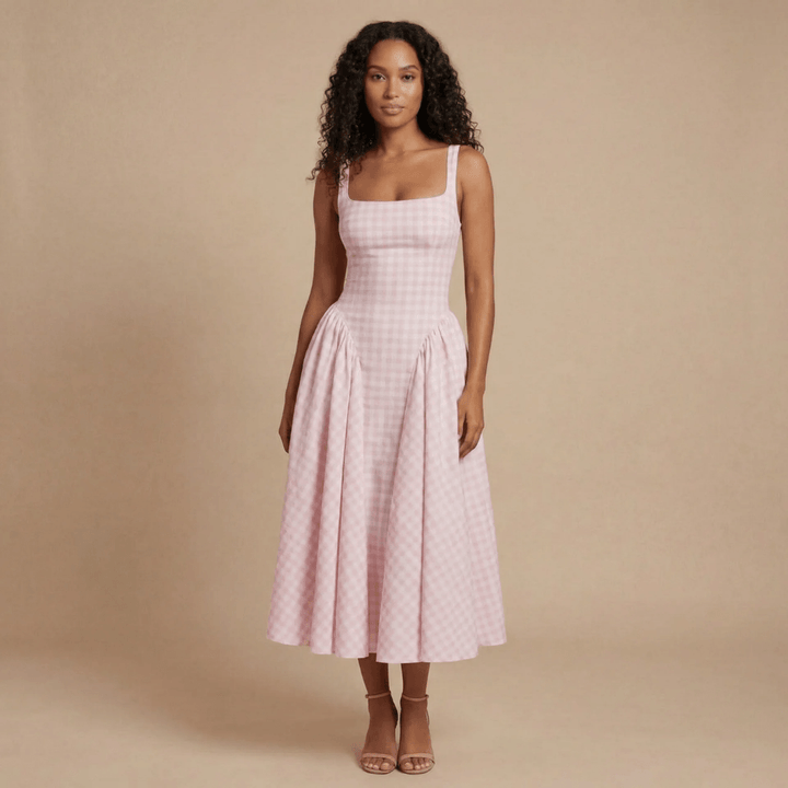 Women's Wedding Guest Gingham Square Neck Midi Dress