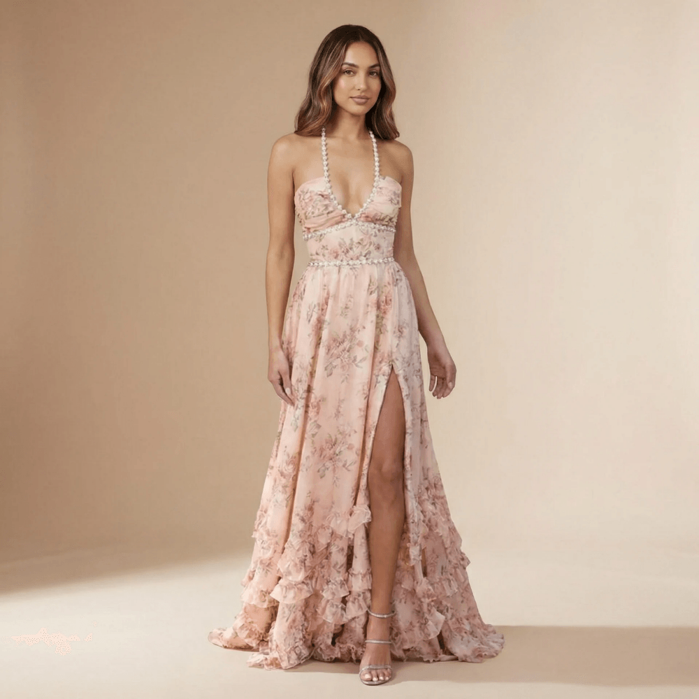 Women's Wedding Guest Floral Halter Maxi Dress With Slit