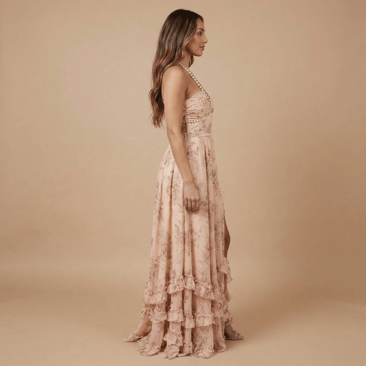 Women's Wedding Guest Floral Halter Maxi Dress With Slit