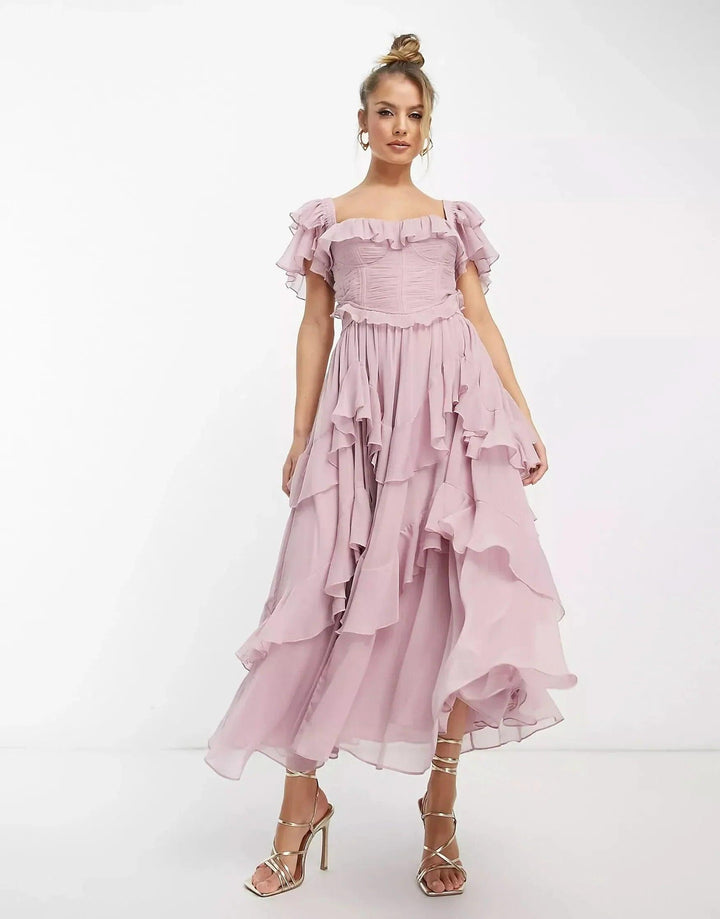Women's Wedding Guest Ruffle Square Neck Midi Dress