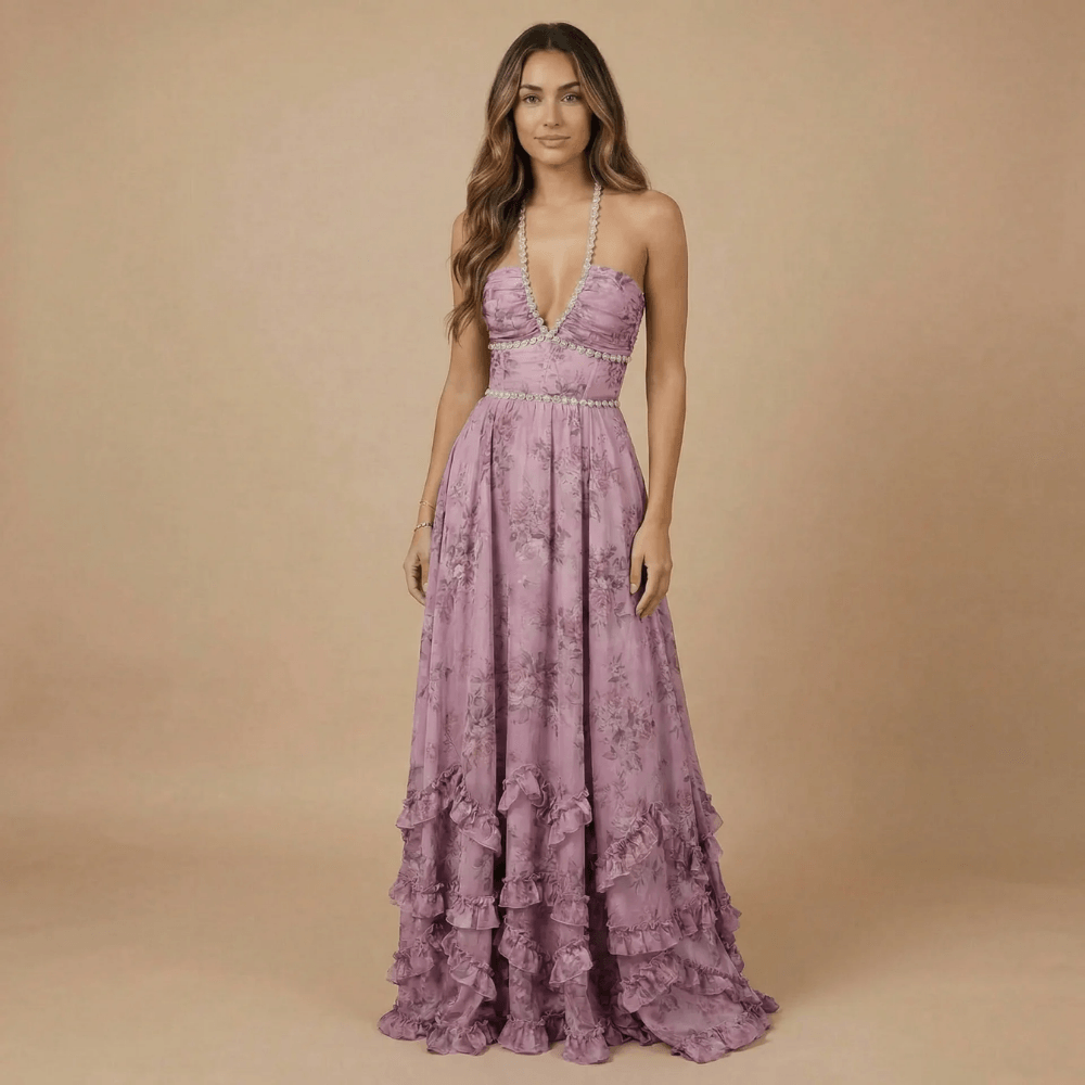 Women's Wedding Guest Floral Halter Maxi Dress With Slit