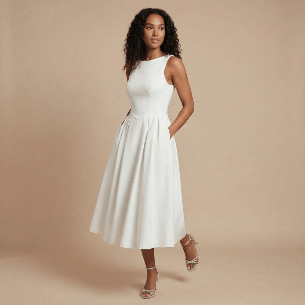 Women's Wedding Guest Sleeveless Boat Neck Midi Dress