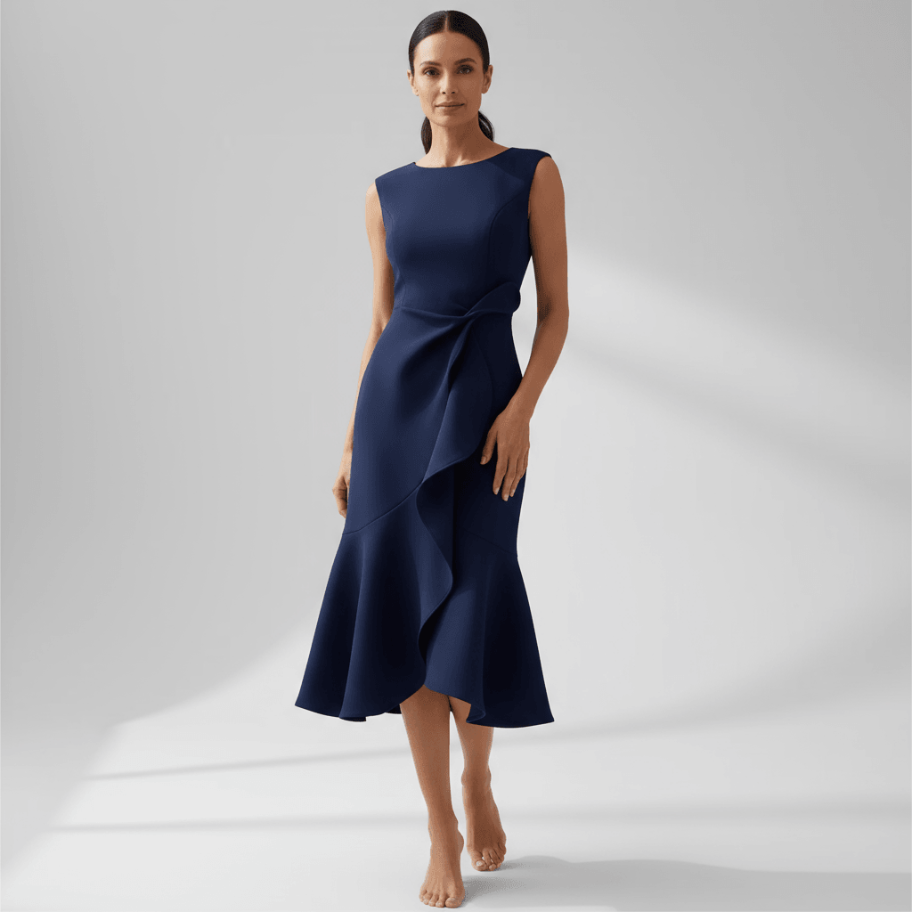 Women's Wedding Guest Draped Asymmetric Midi Dress