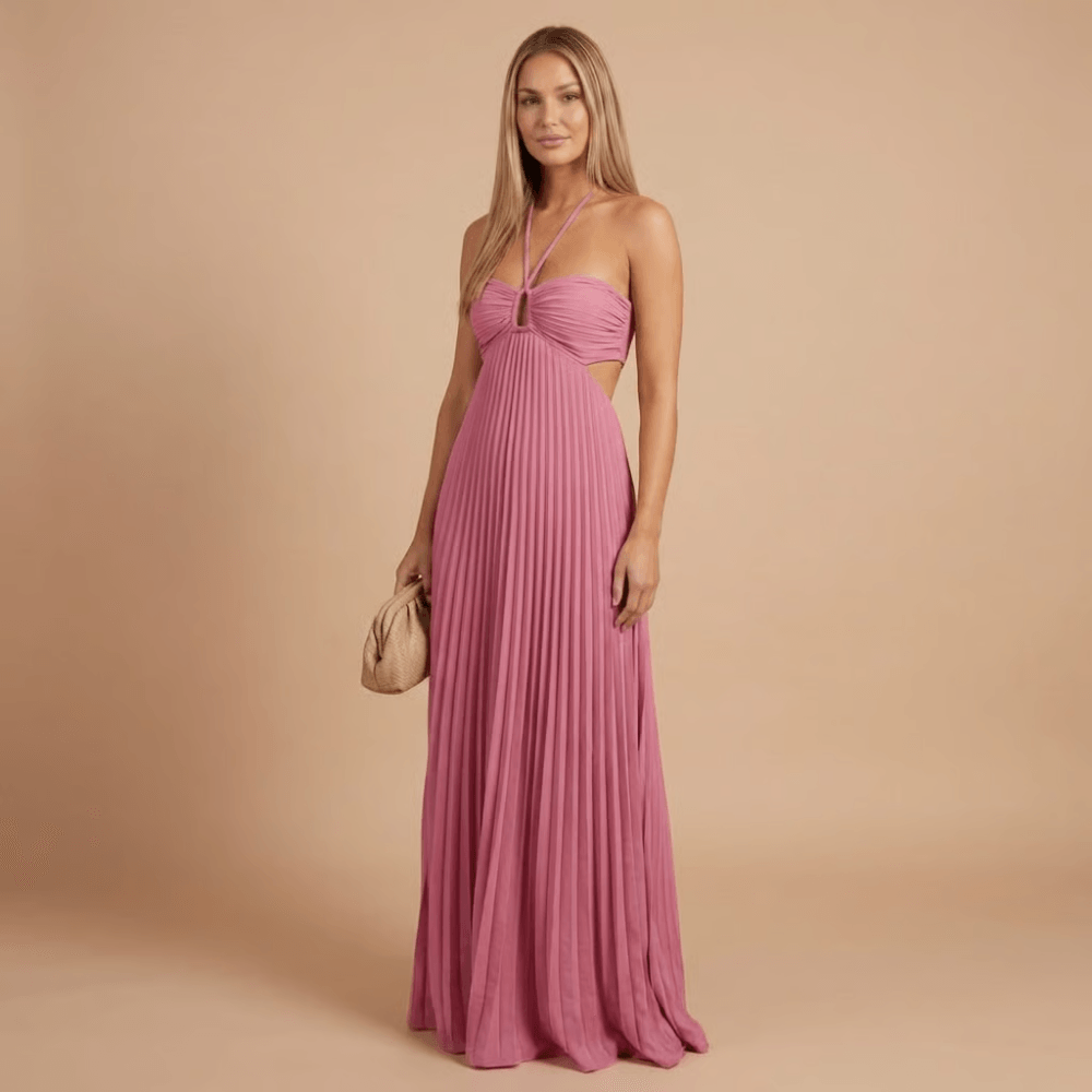 Women's Wedding Guest Pleated Halter Maxi Dress