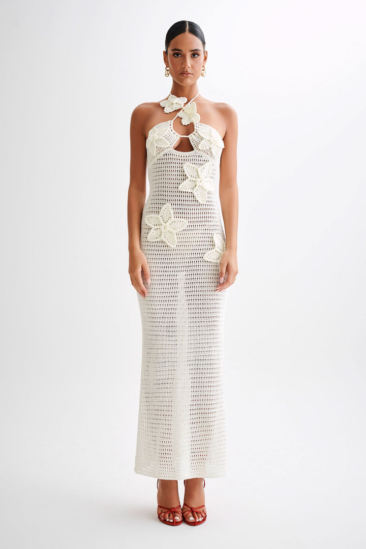 Women's Vacation Crochet Halter Maxi Dress with Floral Applique