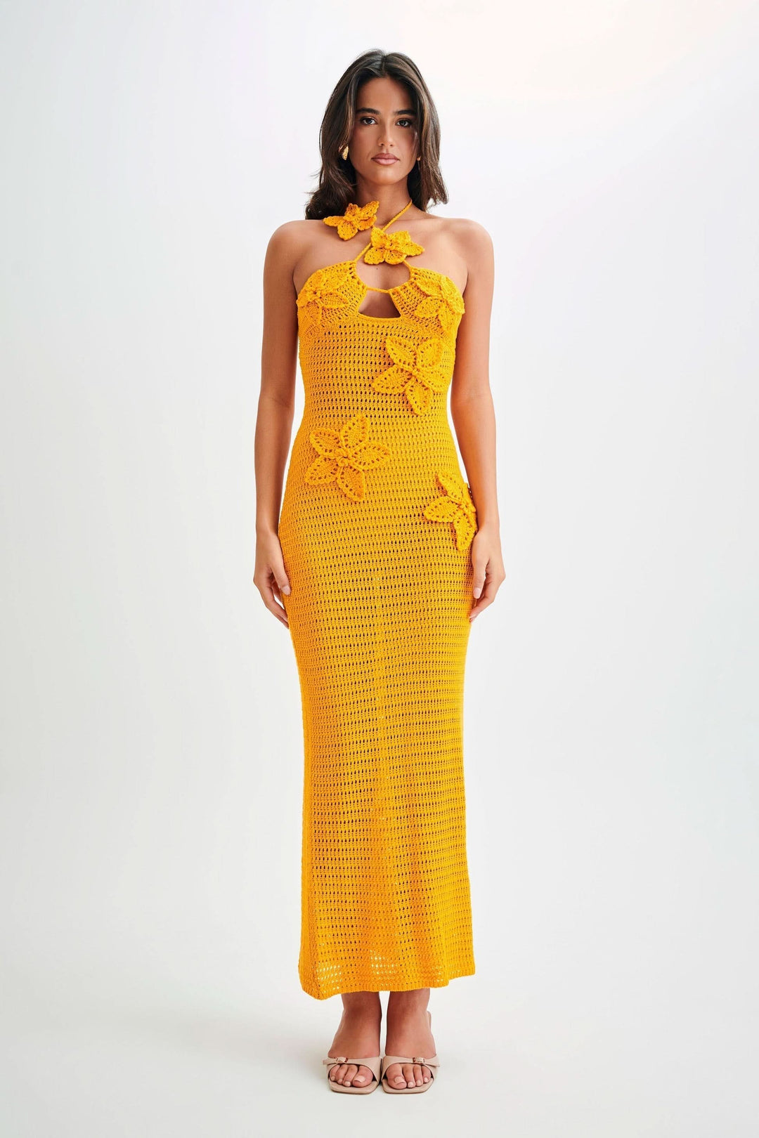 Women's Vacation Crochet Halter Maxi Dress with Floral Applique