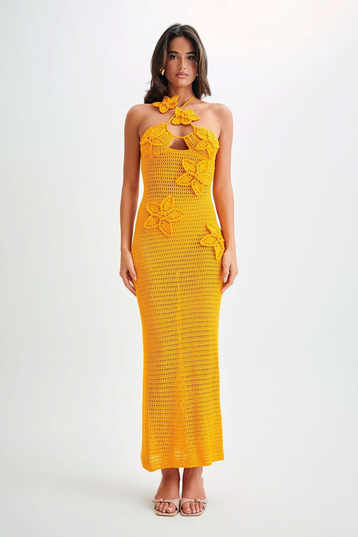 Women's Vacation Crochet Halter Maxi Dress with Floral Applique