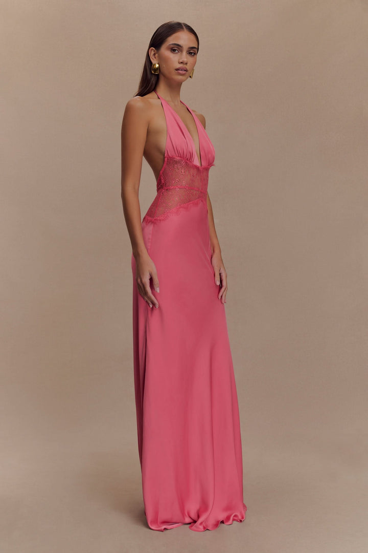 Women's Wedding Guest Lace Halter Maxi Dress