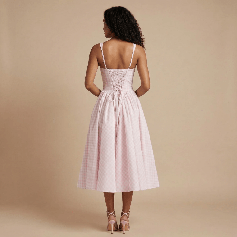 Women's Wedding Guest Gingham Square Neck Midi Dress