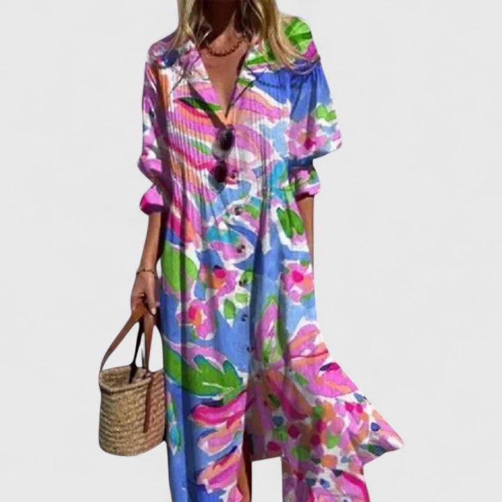 Women's Summer Floral Button Front Maxi Shirt Dress