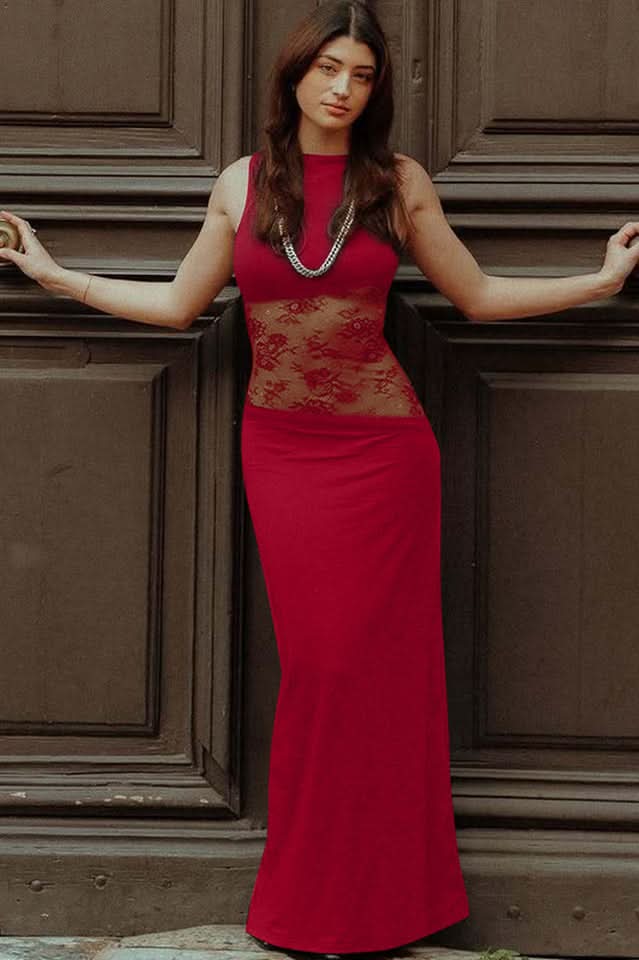 Women's Cocktail Sleeveless Lace Cutout Maxi Dress