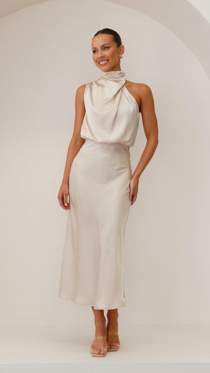 Women's Wedding Guest High Neck Satin Maxi Dress