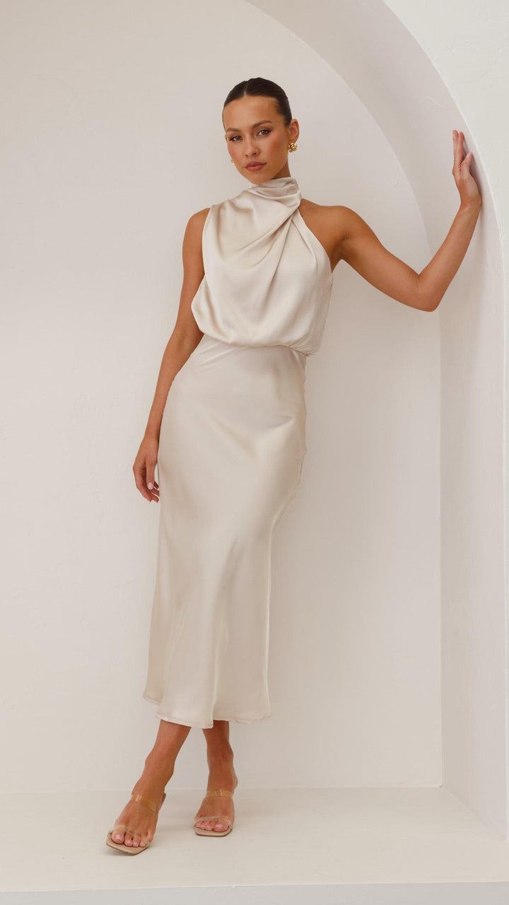 Women's Wedding Guest High Neck Satin Maxi Dress