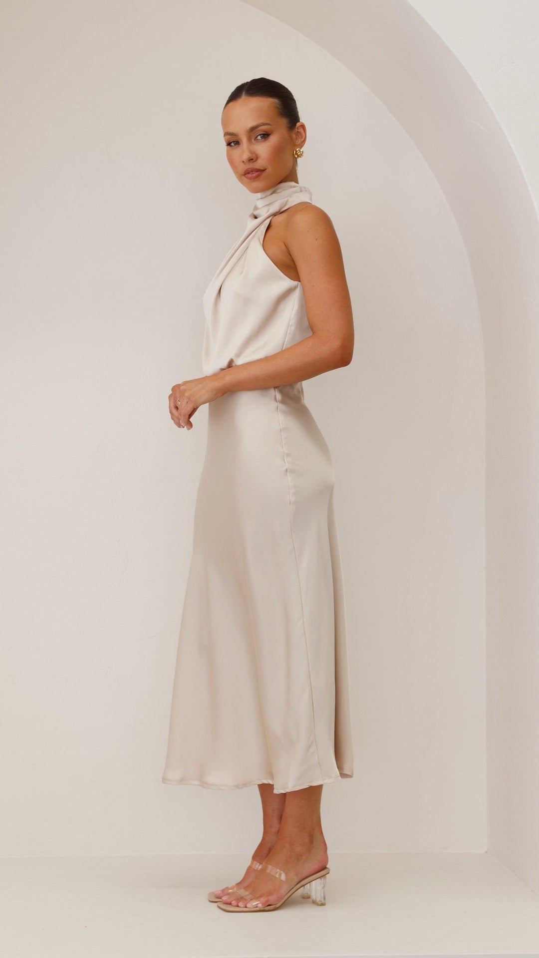 Women's Wedding Guest High Neck Satin Maxi Dress