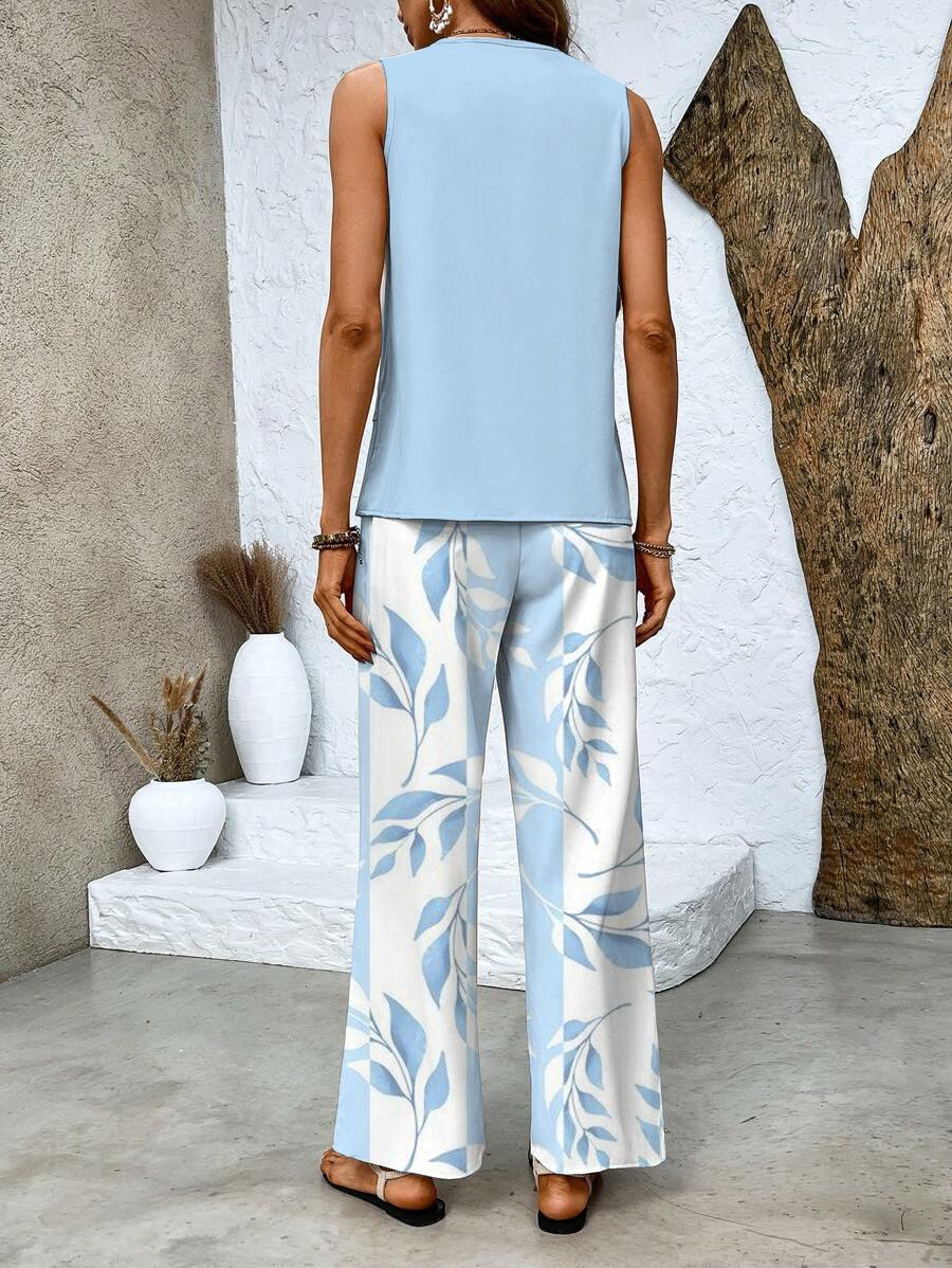 Women's Vacation Sleeveless Blouse and Wide Leg Pants Set