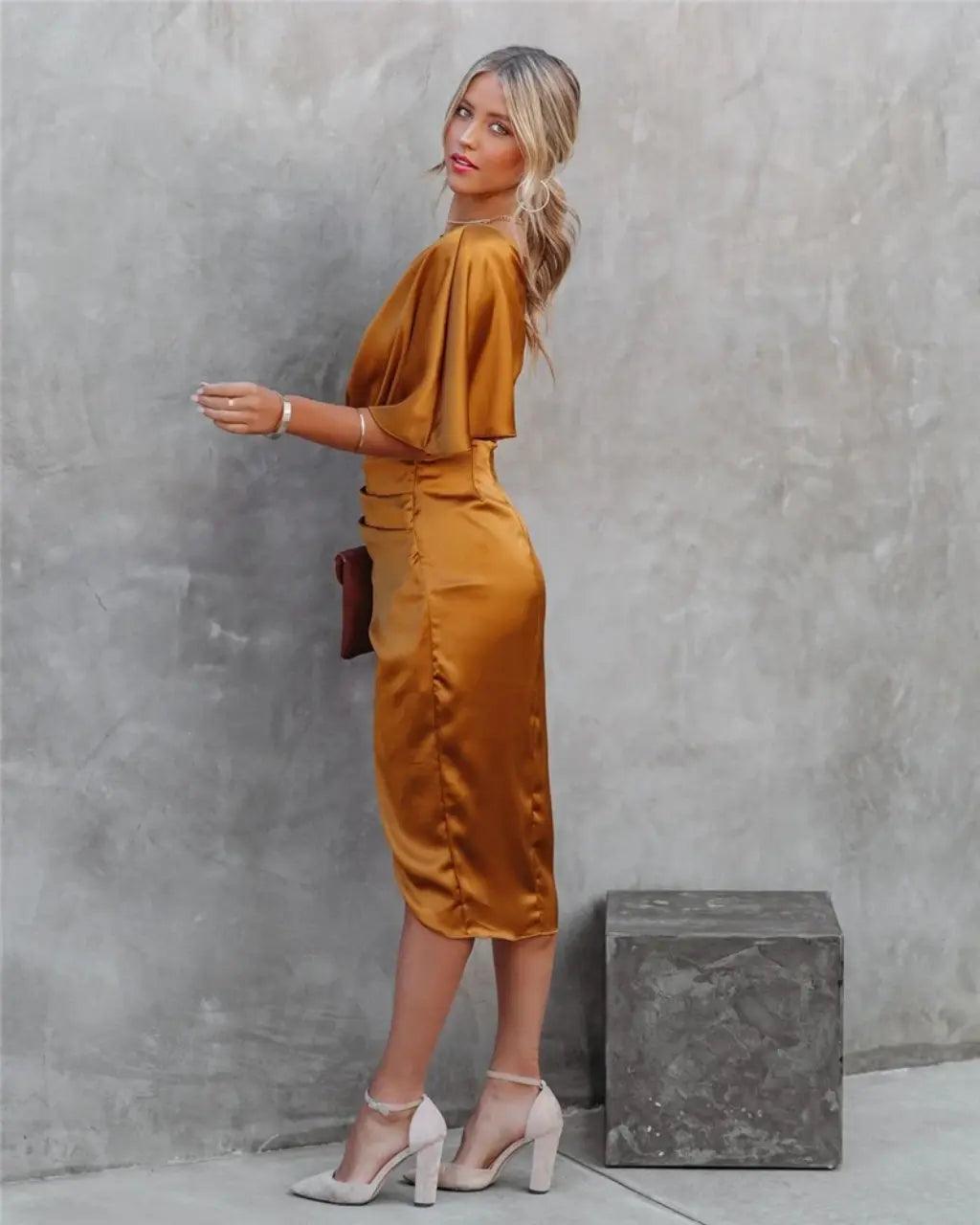 Women's Cocktail One Shoulder Draped Midi Dress With Slit
