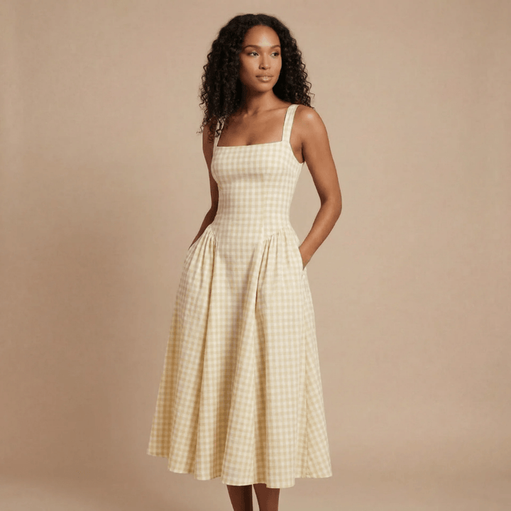 Women's Wedding Guest Gingham Square Neck Midi Dress