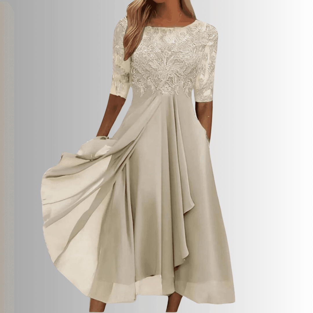 Women's Wedding Guest Lace 3/4 Sleeve Midi Dress