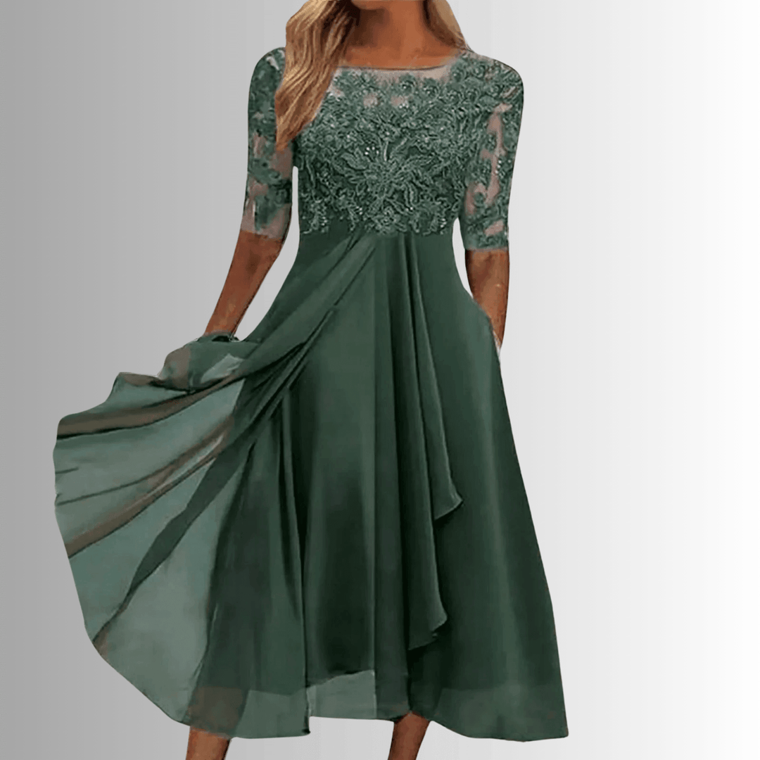 Women's Wedding Guest Lace 3/4 Sleeve Midi Dress