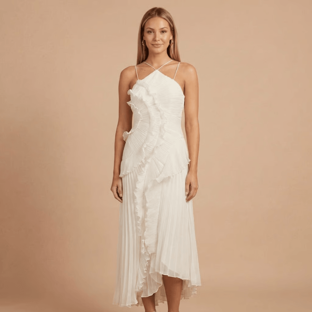 Women's Wedding Guest Halter Ruffle Maxi Dress