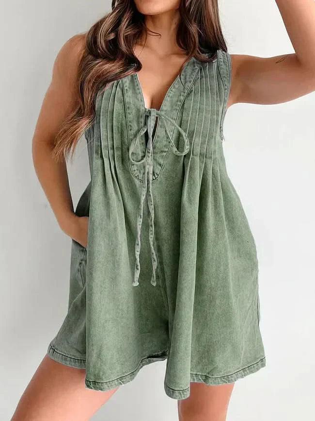 Women's Summer V Neck Sleeveless Denim Romper With Pockets