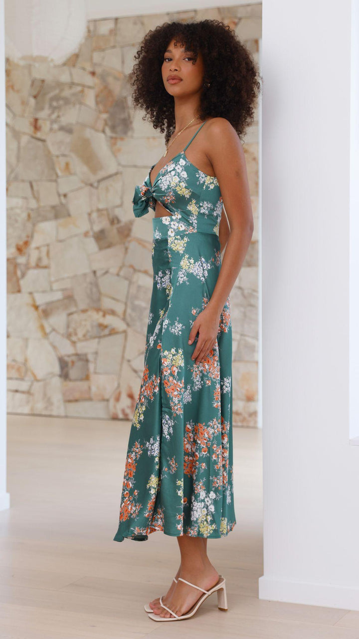Women's Wedding Guest Floral Tie Front Midi Dress