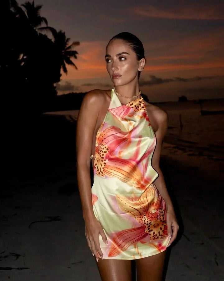 Women's Cocktail Floral Halter Backless Mini Dress