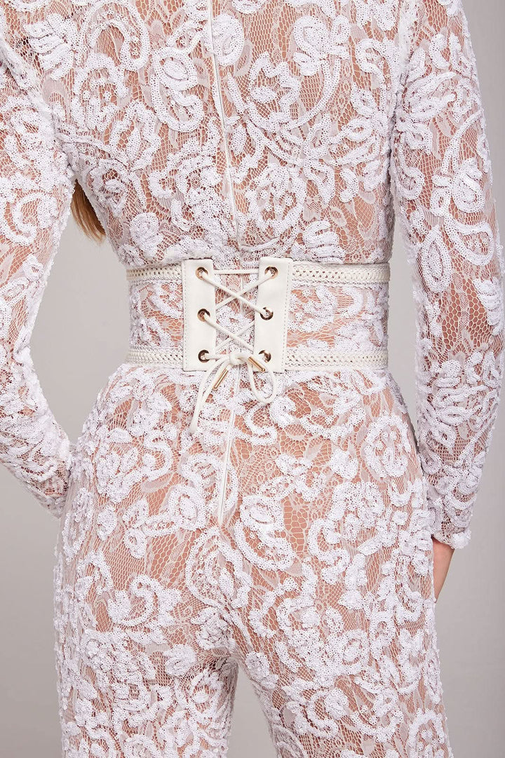 Women's Cocktail Sequin Lace Long Sleeve Wide Leg Jumpsuit