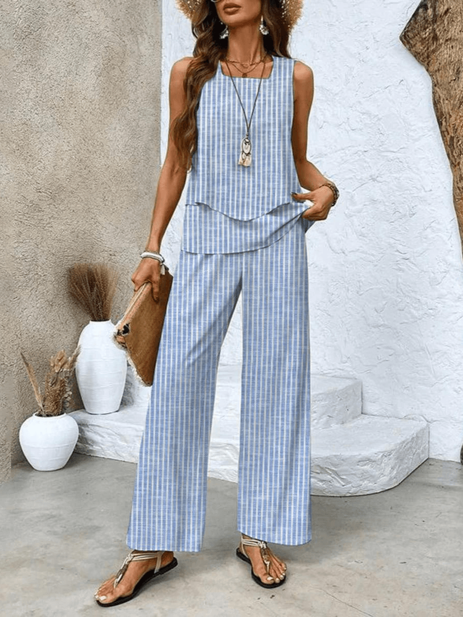 Women's Vacation Sleeveless Blouse and Wide Leg Pants Set