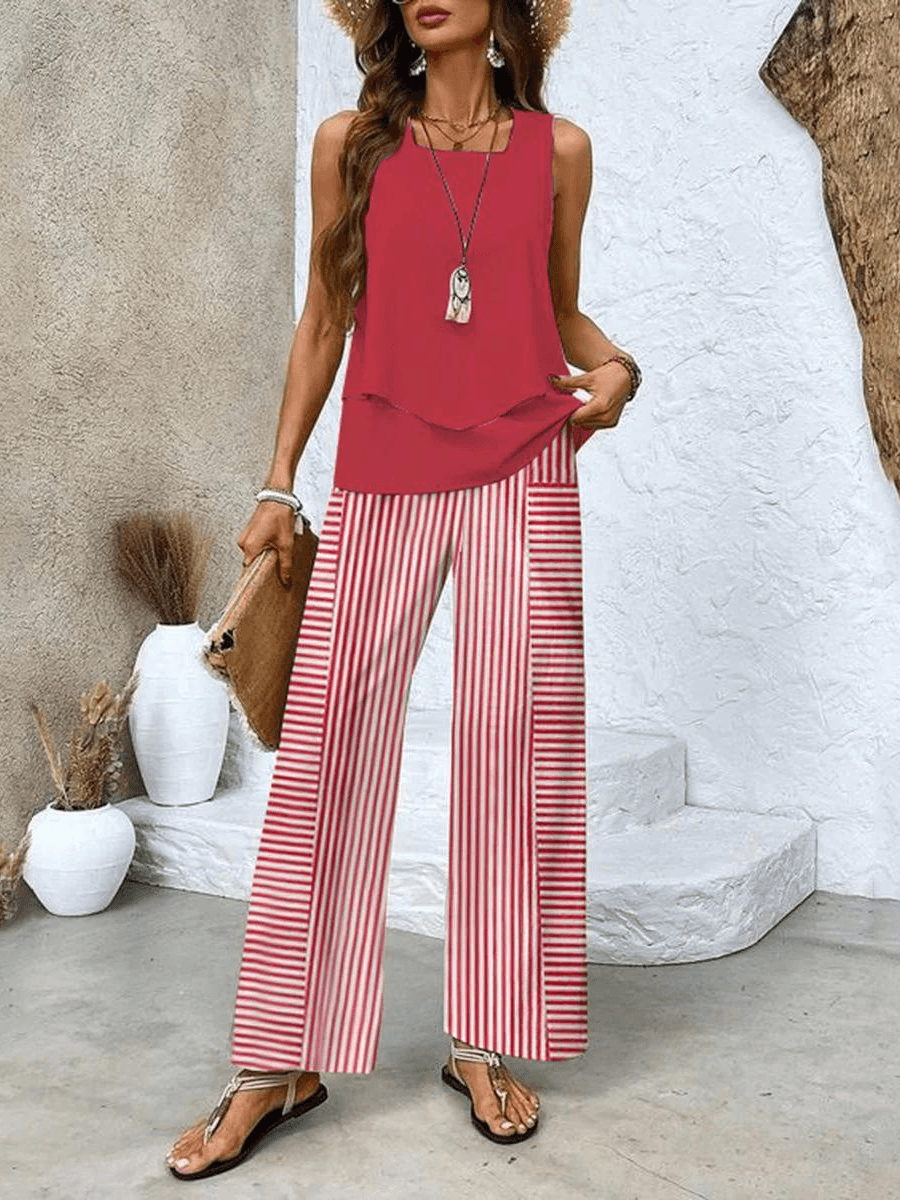 Women's Vacation Sleeveless Blouse and Wide Leg Pants Set