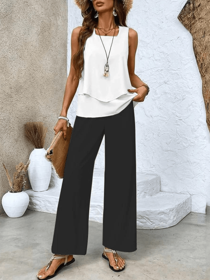 Women's Vacation Sleeveless Blouse and Wide Leg Pants Set
