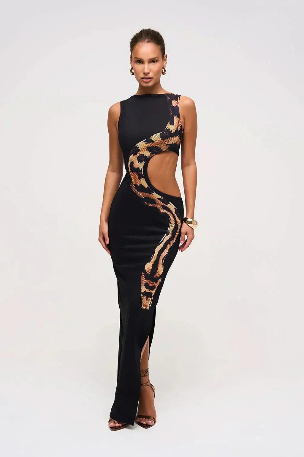 Women's Cocktail Snake Print Cutout Maxi Dress
