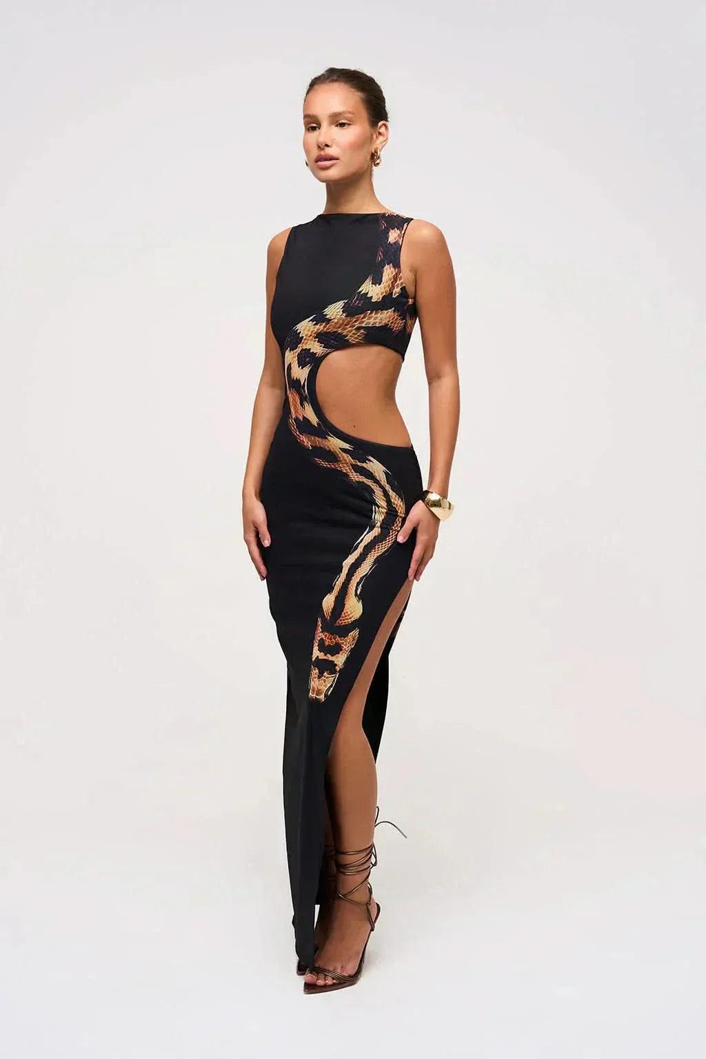 Women's Cocktail Snake Print Cutout Maxi Dress